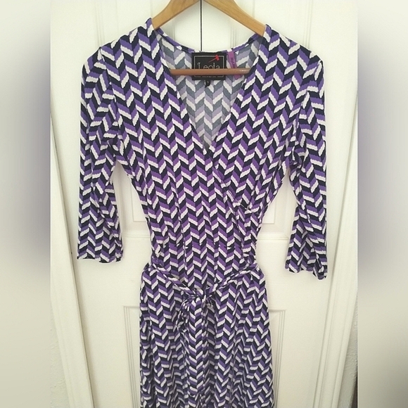 Purple and Navy Herringbone Print Belted Dress - Picture 11 of 16